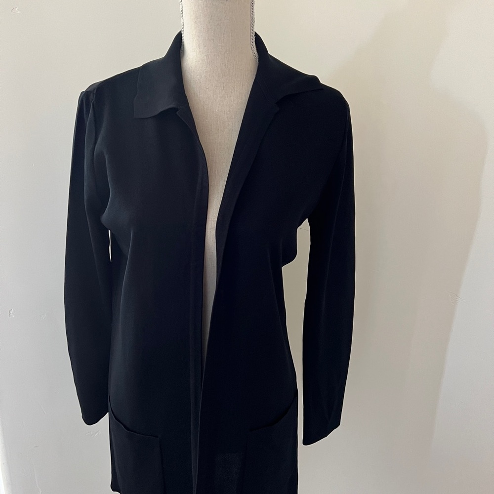 Plein Air knit open front cardigan/jacket, black ponte, long sleeve, collared,XS